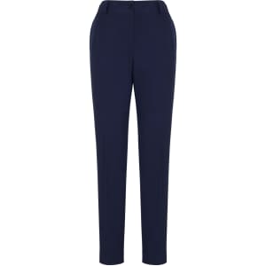 Navy women's slacks with a bandless elastic waist, featuring side pockets and a tailored fit. Includes a branding logo.