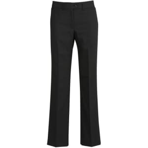 A pair of black women's relaxed stretch wool pants, featuring a straight leg design. There is a logo on the waistband.
