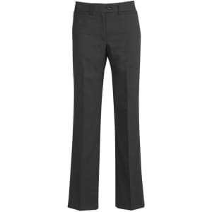 A pair of women's relaxed-fit slacks in dark grey, featuring a straight leg and a button closure.