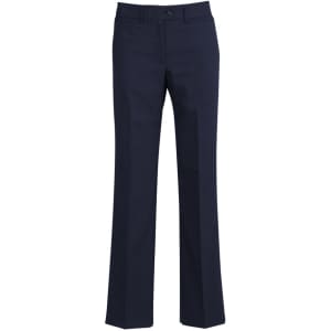 Wool stretch relaxed pants in dark navy blue, featuring a straight leg and a front button closure.