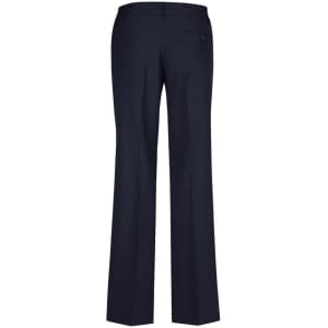 A pair of women's navy wool stretch relaxed pants with a back pocket and a tailored fit.