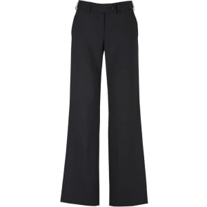 A pair of women's black wool stretch pants with an adjustable waist, featuring a classic fit and straight legs.