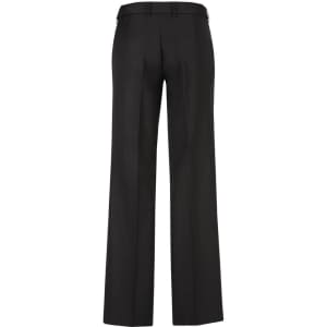 A pair of women's black slacks features a straight leg design and adjustable waistband, with a logo on the back.