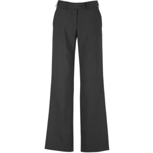 Women's comfort wool stretch adjustable waist pants in grey, featuring a wide-leg design. Includes a logo.