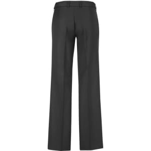 A pair of black women's wool stretch slacks with an adjustable waistband, shown from the back.