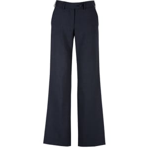 A pair of women's dark navy wool stretch pants with an adjustable waist and flared legs, featuring a waistband logo.