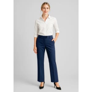 Women's wool stretch adjustable waist pants in navy, paired with a white shirt, featuring a front pocket and slight flare.