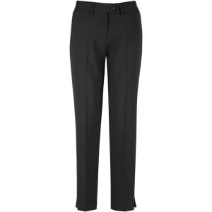 A pair of black slim leg pants with a button closure and side slits at the hem, featuring branding on the waistband.