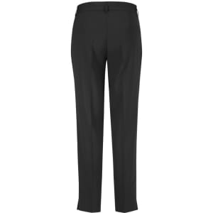 A pair of black women's slim leg pants featuring a waistband and back pockets. The fabric has a smooth finish.