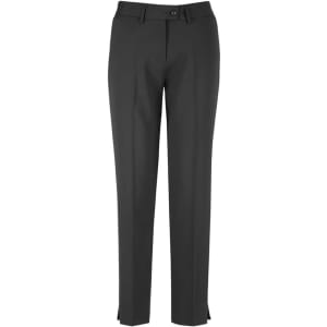 Slim leg pant in dark grey, featuring a waistband with button closure and slight side slits at the hem.