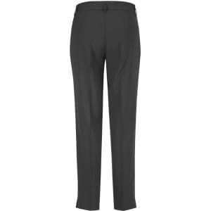 Slim leg women's pants in dark grey, featuring a sleek design and a logo on the waistband.