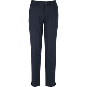 A pair of women's slim leg pants in navy wool blend, featuring a button closure and slight side slits.