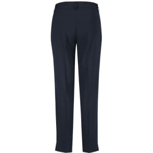 A pair of women's slim leg pants in a dark navy fabric, featuring back pockets and a tailored fit.