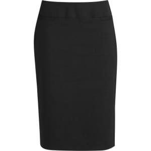 A black, lined women's skirt with a relaxed fit and smooth fabric. It features a simple design and includes branding.