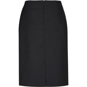 A black lined skirt with a relaxed fit and a back zipper. Features a simple, sleek design.