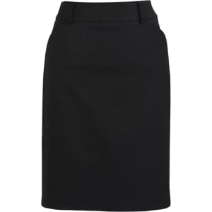 A black women's multi-pleat skirt with a fitted waist and sleek design, featuring a logo.