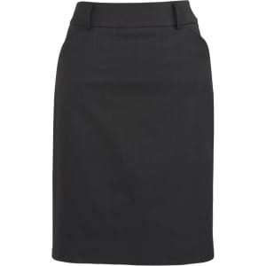 A black multi-pleat skirt with a fitted waistband and a sleek design, featuring a small logo.