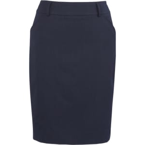 A women's cool stretch multi-pleat skirt in navy blue with a tailored design and pockets. It has a logo.