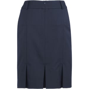 A women's navy pleated skirt featuring a structured design and back zip. It has a branding logo on the waistband.