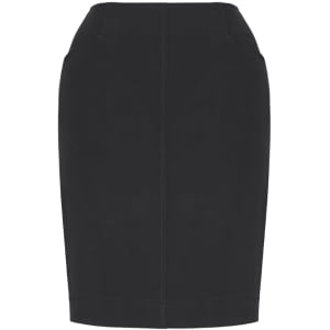 A black bandless pencil skirt with two pockets and a fitted style. It features a simple, sleek design.