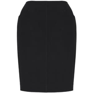 A black pencil skirt with a bandless design and two pockets at the front. It features a fitted silhouette.