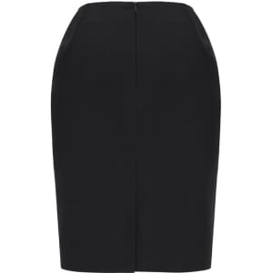 A black women's pencil skirt featuring a fitted design and a back zipper. Includes branding on the label.