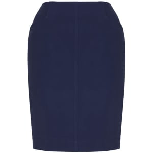 A navy pencil skirt with a fitted design and front pockets, featuring a flat waistband.