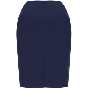 A navy blue women's pencil skirt with a fitted design and a back zip closure. It has a sleek, bandless silhouette.