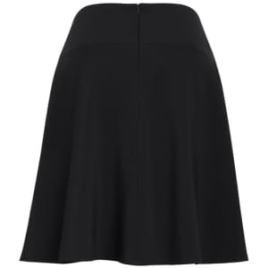 A black bandless flared skirt with a smooth silhouette and back zip closure.