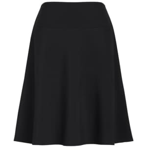 A black flared skirt with a bandless waist, featuring a smooth silhouette and soft fabric.