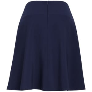 A navy flared skirt with a bandless waist, featuring a zipper closure at the back and a smooth fabric finish.