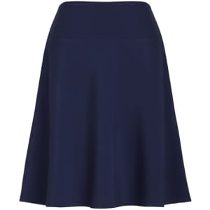 A navy flared skirt with a bandless waist, featuring a smooth design and an A-line silhouette.