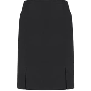 A black straight skirt featuring front pleat details and a classic design. It includes a branding logo.