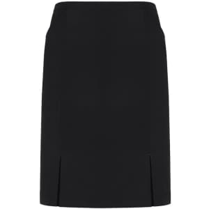 A black straight skirt featuring front pleat details and side slits, with no visible branding.