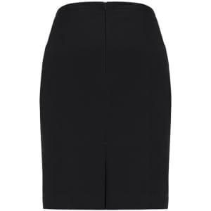 A straight skirt with front pleat detail, featuring a black colour and a back zip closure.
