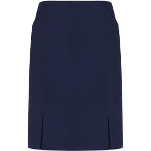 A navy straight skirt featuring front pleat details and a sleek design. Includes branding.