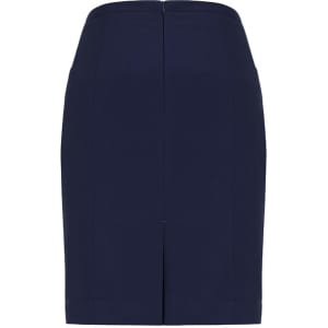 A navy straight skirt featuring front pleat detail and a back zip closure, with a simple design and silhouette.