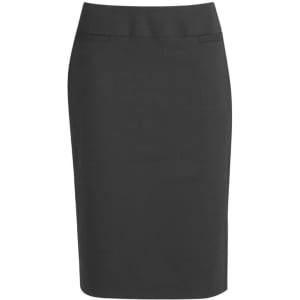 A fitted, lined women's skirt in dark grey, featuring a smooth finish and subtle detailing.