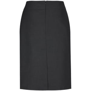A dark grey lined skirt featuring a relaxed fit and a zip closure at the back. Includes branding.