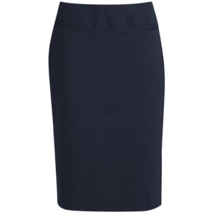 A navy lined skirt with a relaxed fit and wool stretch material. Features a subtle front pocket detail.