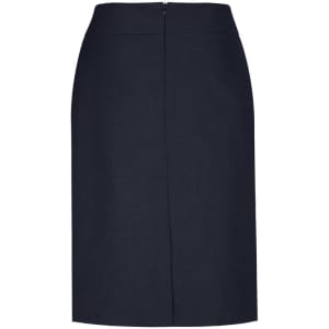 A navy wool stretch skirt with a relaxed fit and lined interior. Features a back zipper and logo branding.