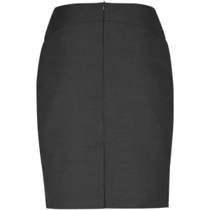 A grey chevron band skirt with a fitted silhouette and a back zipper. Features a logo.