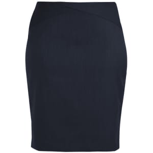 A fitted black skirt featuring a chevron band design and smooth fabric texture. It has a branding logo.