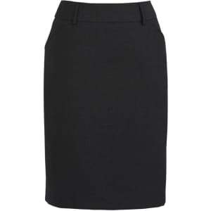 A black wool stretch skirt with a multi-pleat design and pockets, featuring a waistband and a sleek silhouette.