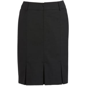 A black women's skirt featuring a multi-pleat design and a zipper closure at the back.