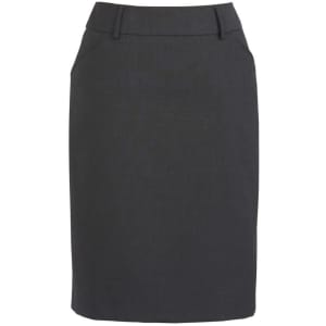 A grey women's comfort wool stretch multi-pleat skirt with a fitted design and side pockets, featuring a subtle brand logo.
