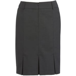 A grey, multi-pleat women's skirt, featuring a fitted design and back zipper detail.
