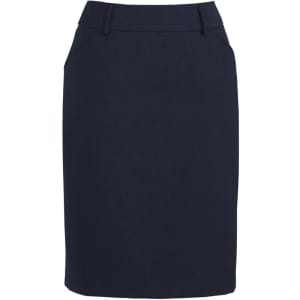 A women's comfort wool stretch multi-pleat skirt in dark navy, featuring a fitted design and waistband with pockets.