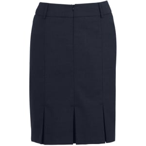 A dark navy wool stretch skirt featuring multi-pleats and a zipper closure at the back.