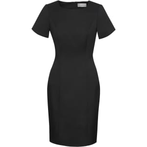 A black short sleeve shift dress with a sleek design and a fitted silhouette. It features a back zipper and has a logo.